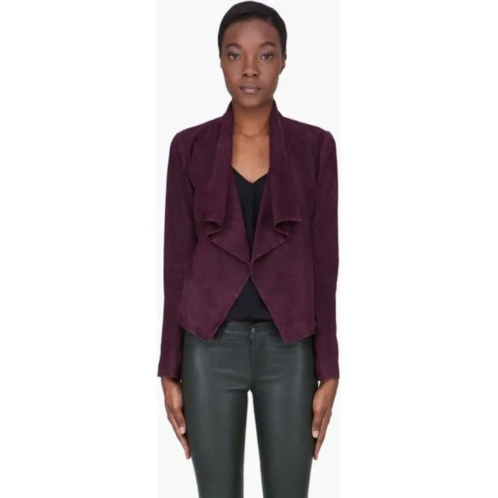 THEORY Burgundy Drape Front Suede Jacket, Size S/P - Picture 2 of 7